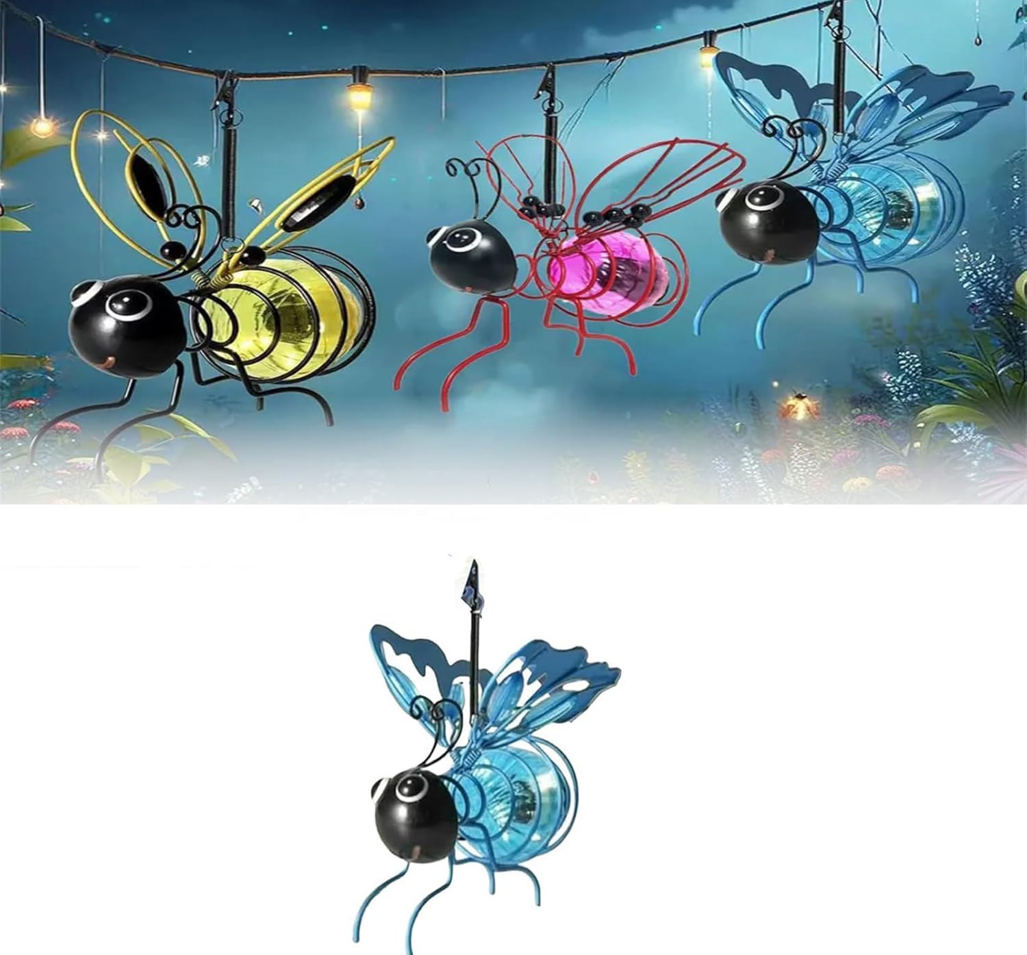 Solar Bees Lights Outdoor, Hanging Bee Solar Garden Light, 2025 New Hanging Insect Simulation Light, Garden Bees Lantern, LED Bugs Bee Ornament for Patio Yard Pathway Housewarming Gifts (Blue)