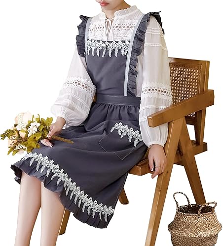 Miniatura 5 de Violet Mist Delantal de lino de algodón para mujer, delantal con espalda cruzada con bolsillos, color gris, parte trasera en X, delantales bordados