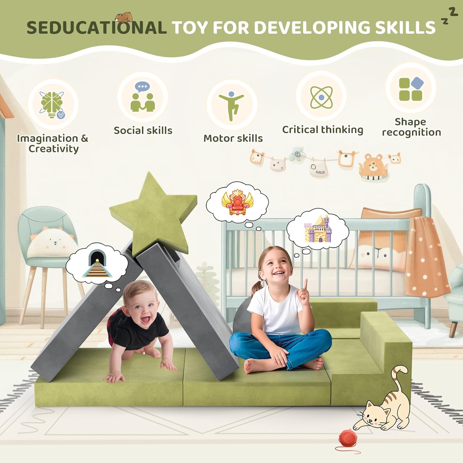 Lischwert Kids Couch, Modular Kids Play Couch, Child Sofa for Girls Boys, Toddler Sectional Sofa with Building Fort, Convertible Foam Playhouse for Baby Indoor Outdoor (9, Green Grey)