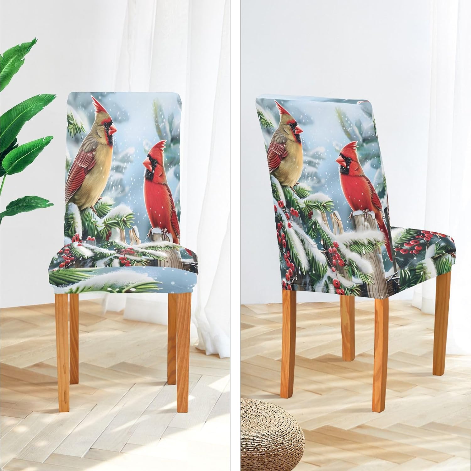 ALAZA Chair Covers for Dining Room, Red Cardinals Old Wooden Stretch Chair Cover Sets Chair Protector Removable Washable for Ktichen Restaurant Hotel