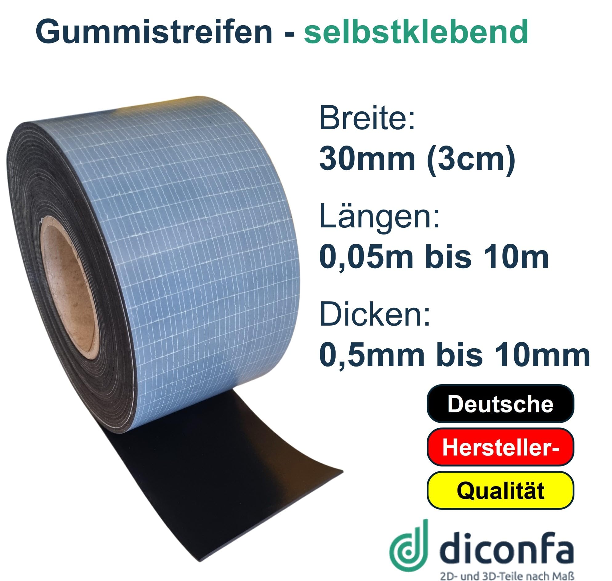 diconfa Gummistreifen SBR SELBSTKLEBEND 30mm 3cm BREIT WÄHLBAR - Dicke: 0,5mm bis 5mm LÄNGE: 0,05 bis 10m Auswahl: 8600mm (860cm) lang, 1,5mm stark - Gummimatte Meterware universal stark klebend