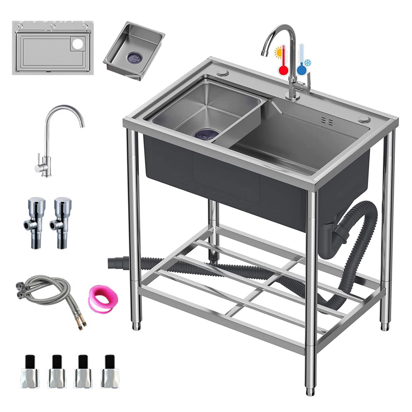 Lavello a Colonna Singolo per Uso Commerciale, per ristoranti e cucine, con Vasca Interna Mobile e ripiano portaoggetti, Rubinetto di Servizio in Acciaio Inox per Acqua Calda e fre