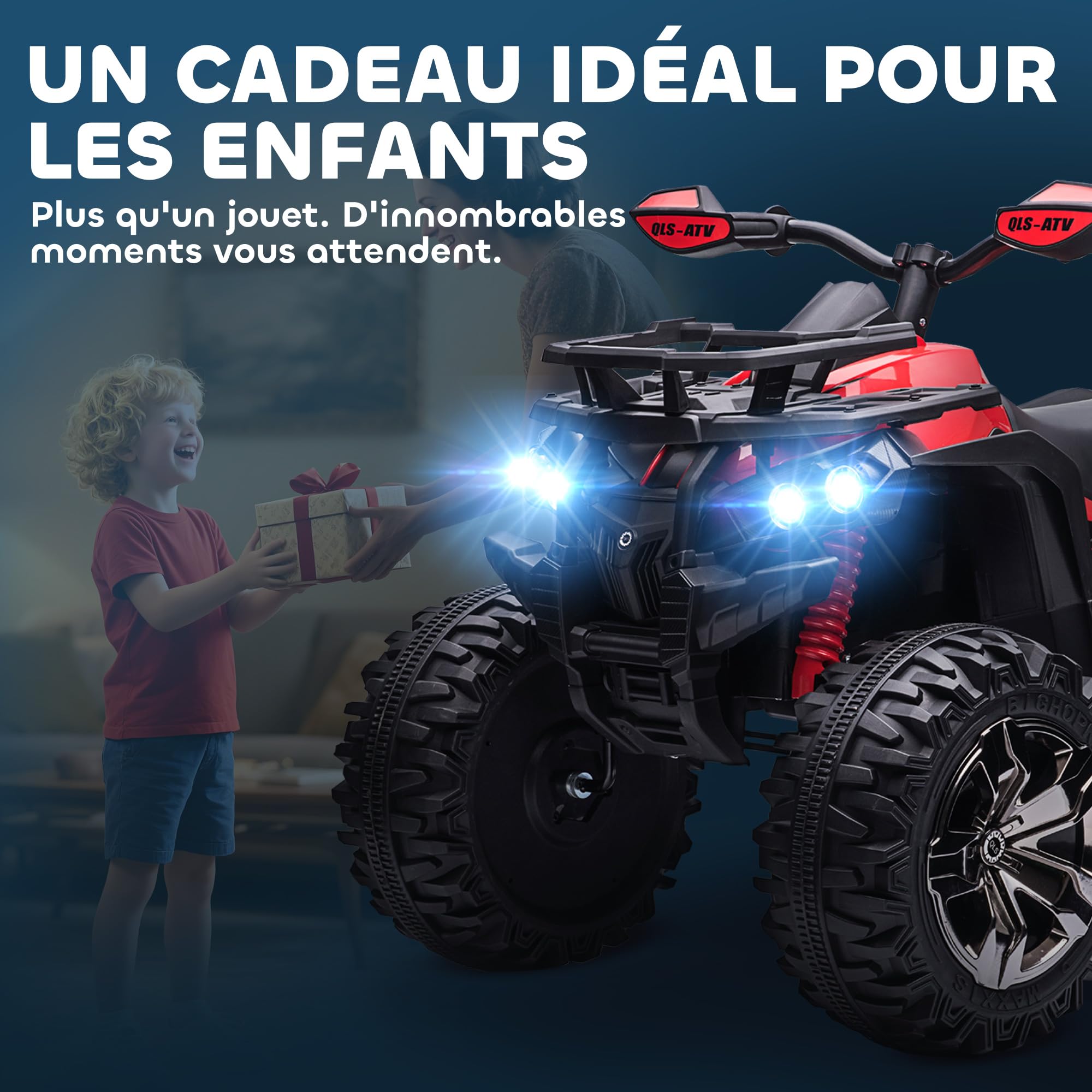 HOMCOM Quad Buggy électrique Enfant 12 V 8 Km/h Max. Voiture électrique Enfant avec Effets Lumineux sonores Selle avec Dossier Porte-Bagage Avant métal PP Rouge Noir