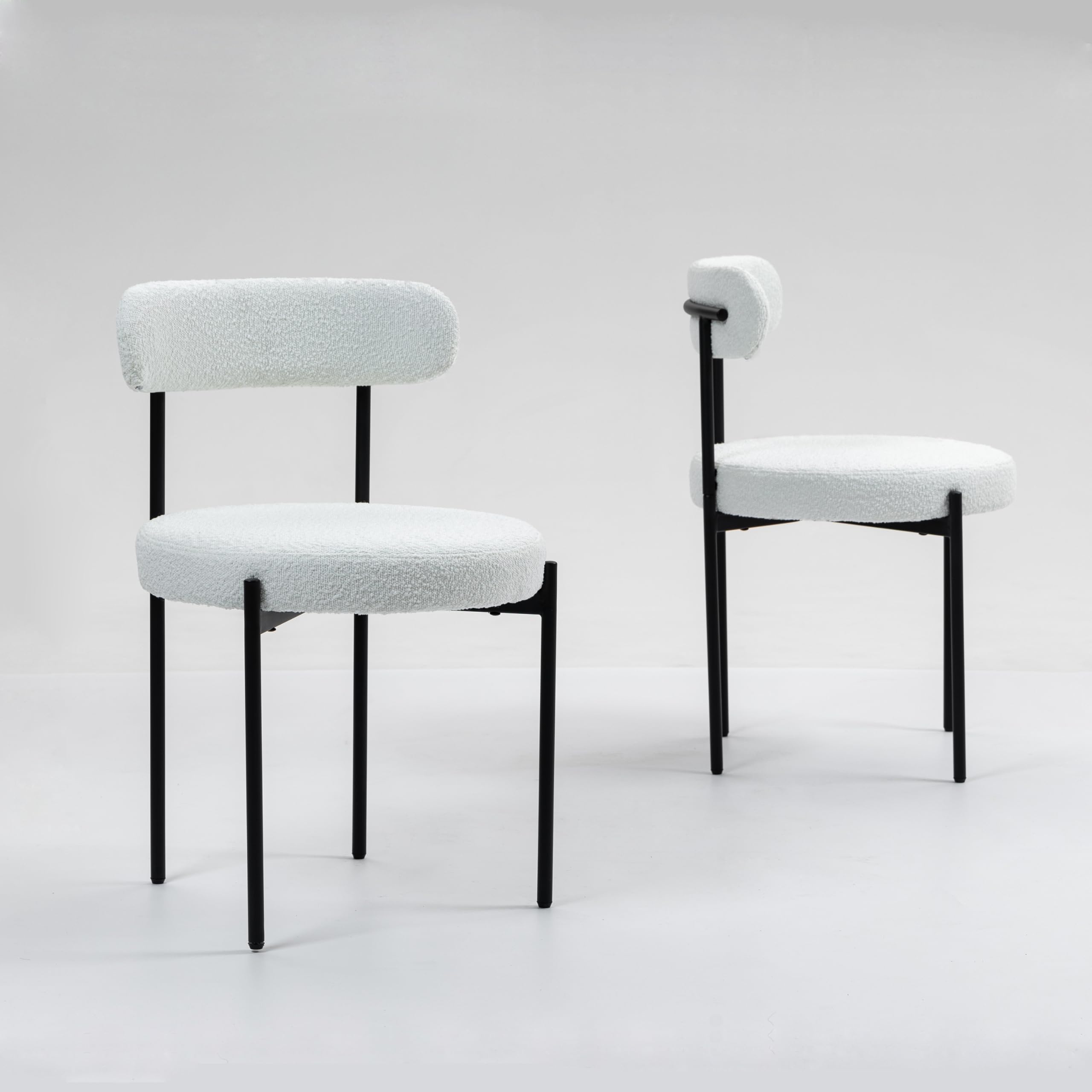 Midcentury - Juego de 2 sillas de comedor modernas de tela blanca vintage con diseño de boucle, acogedoras sillas tapizadas con patas de metal negro para cocina, comedor y bistró