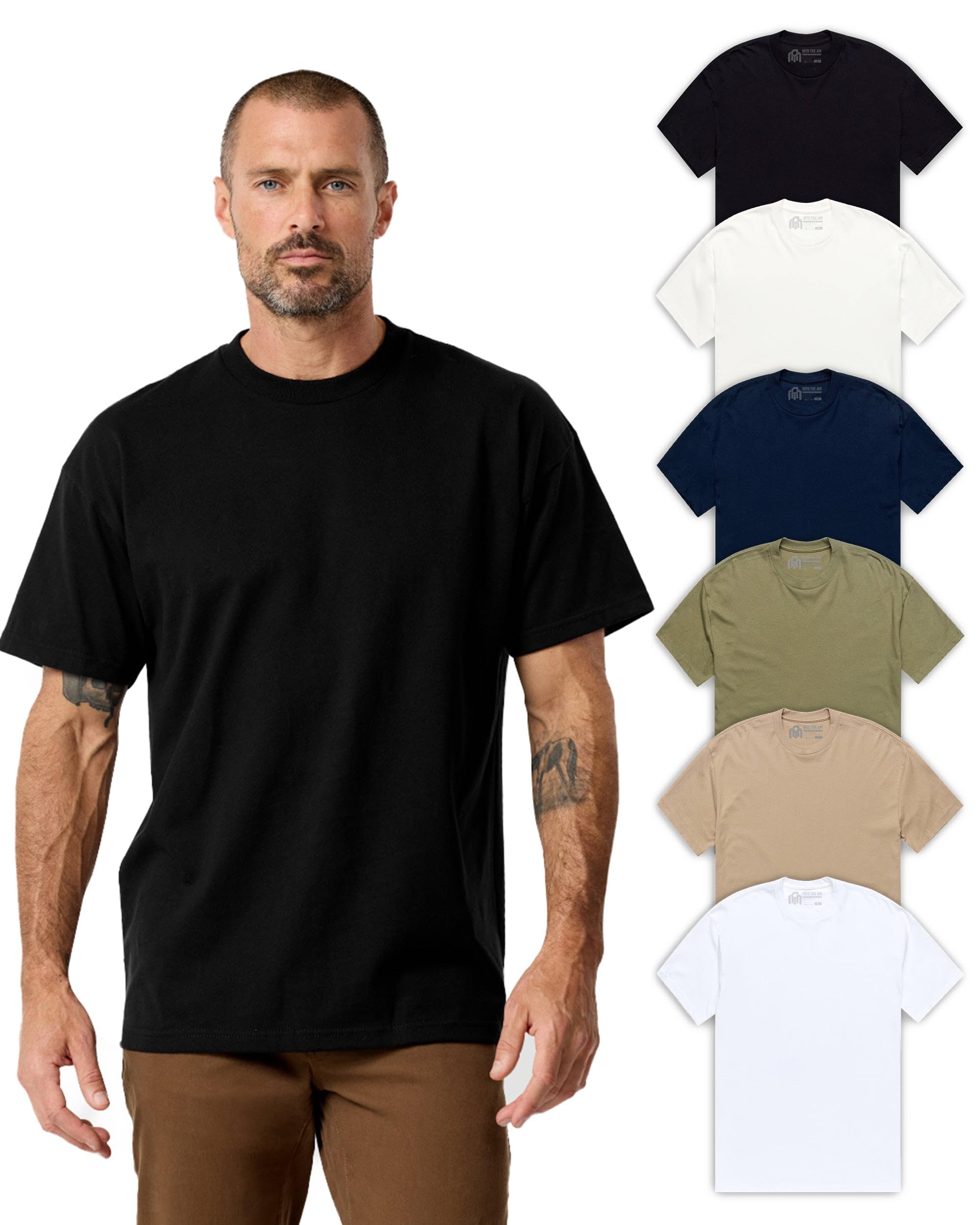 INTO THE AM Heavyweight T Shirts for Men S - 3XL Boxy Oversized 100 Cotton Thick Heavy Weight