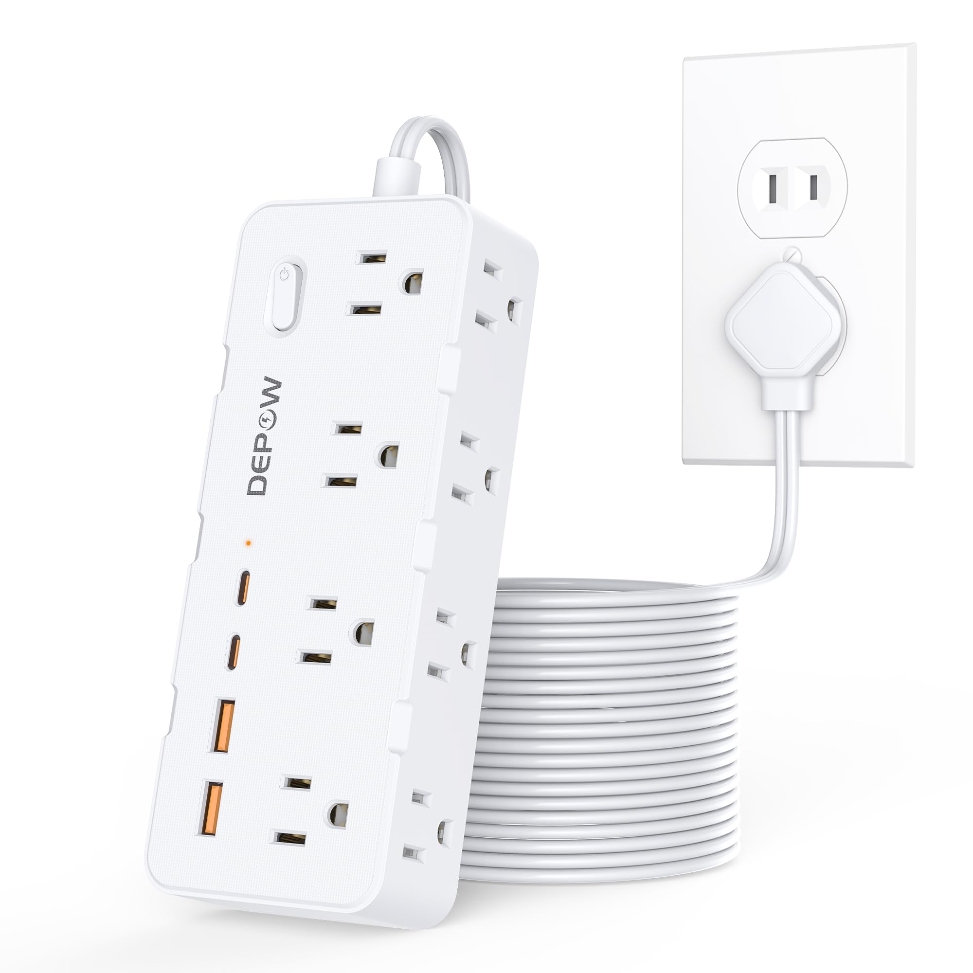 DEPOW - Tira de alimentación de 2 clavijas, cable de extensión de 10 pies, adaptador de salida de 2 a 3 clavijas con 8 puertos CA y 4 puertos USB (2 USB C), protector de sobretensión de dos clavijas
