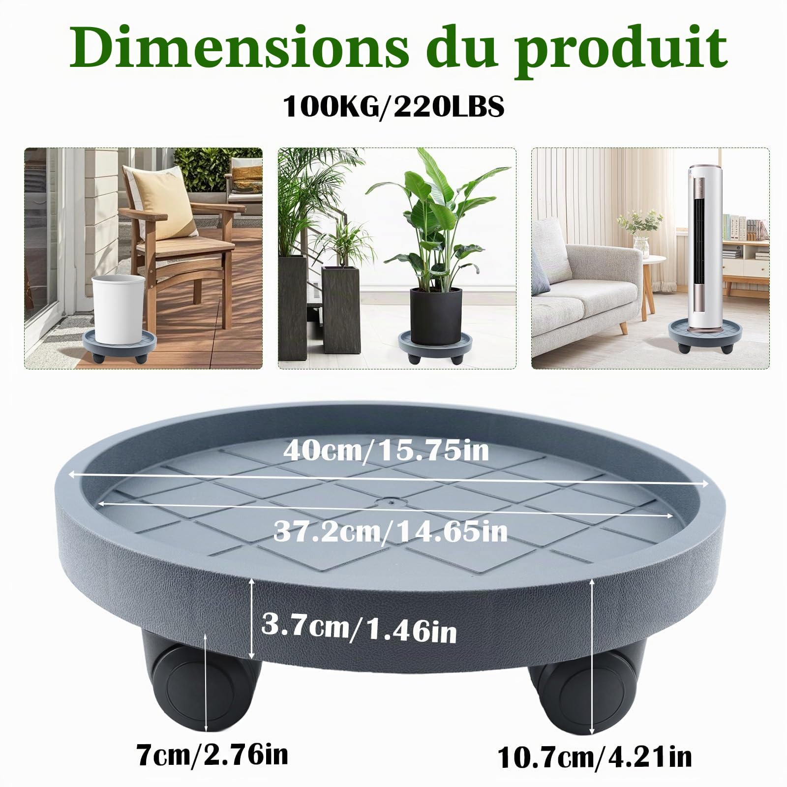 K KASONIC Plateau Roulant 40cm avec 4 Roues, Capacité 100kg, Pack de 2 Plateaux pour Déplacer Pots de Fleurs d'Intérieur et d'Extérieur, Inclut 5m de Liants Végétaux Déchirables