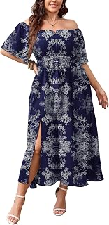 Womens Plus Size Formal Dresses Off The Shoulder Wedding Guest Cocktail A-Line Split Maxi Dress with Pockets