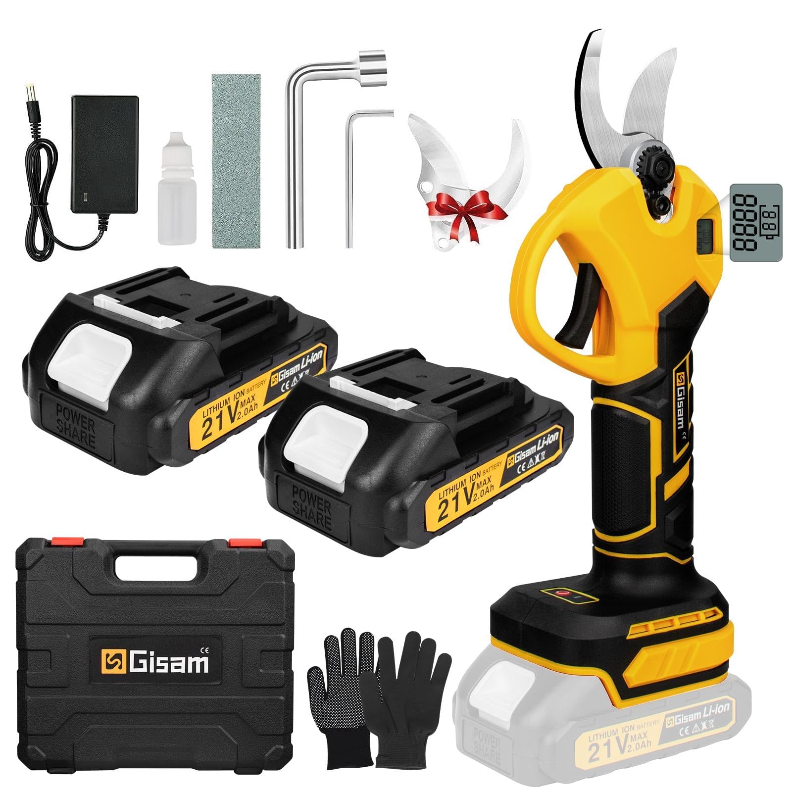 Gisam Professional Electric Sector, 40 mm Wireless Electric Pruner with Rechargeable Batteries & LED Screen, Supports Opening Adjustment (2 x 2Ah Battery)
