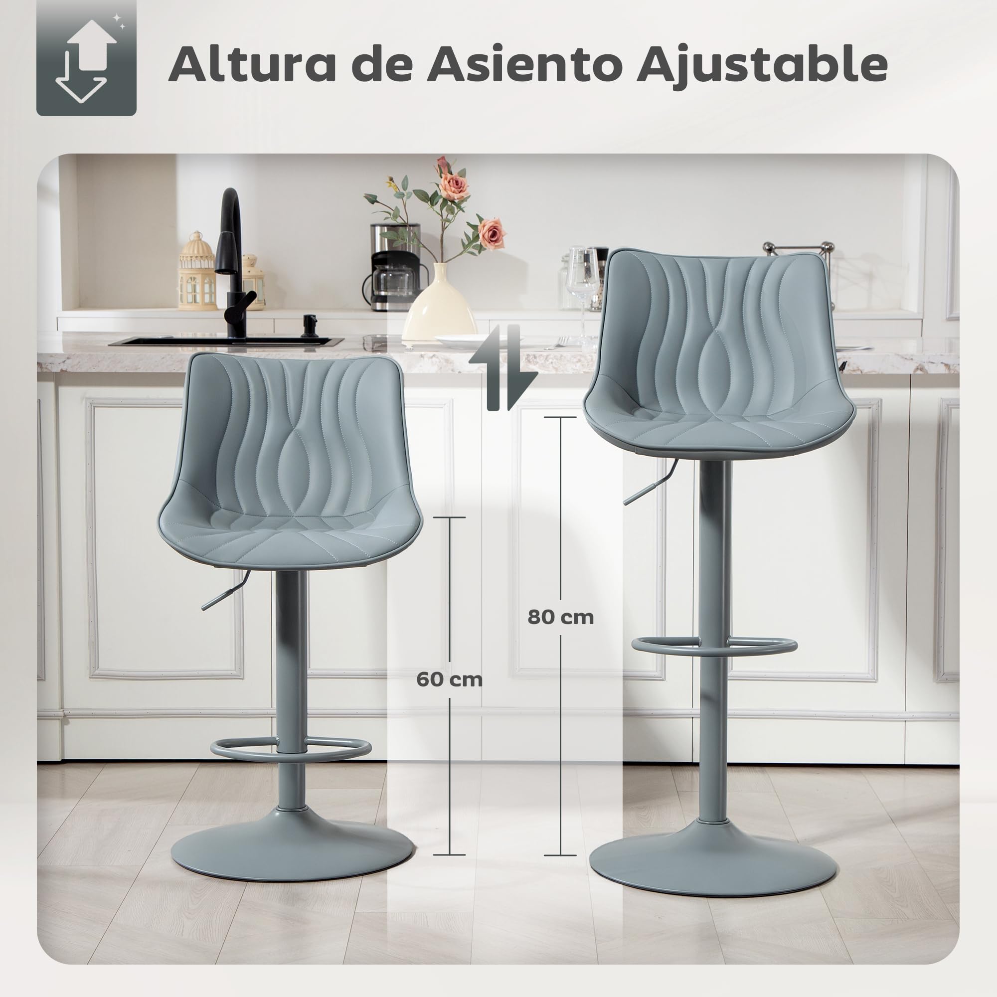 HOMCOM Juego de 2 Taburetes de Bar Taburetes Altos de Cocina Giratorios con Altura Ajustable 92-110 cm Respaldo Asiento de Piel Sintética Marco de Acero y Reposapiés para Comedor Mostrador Gris