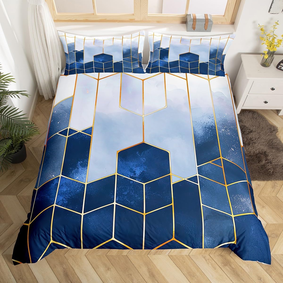 Marble Duvet Cover Queen, Black Grey Geometric Gold Plaid Bedding Set, Modern Luxury Diamond Comforter Cover with Metallic Stripe Printed Beehive Hexagon Grid Quilt Cover with Pillow Shams,Honeycomb