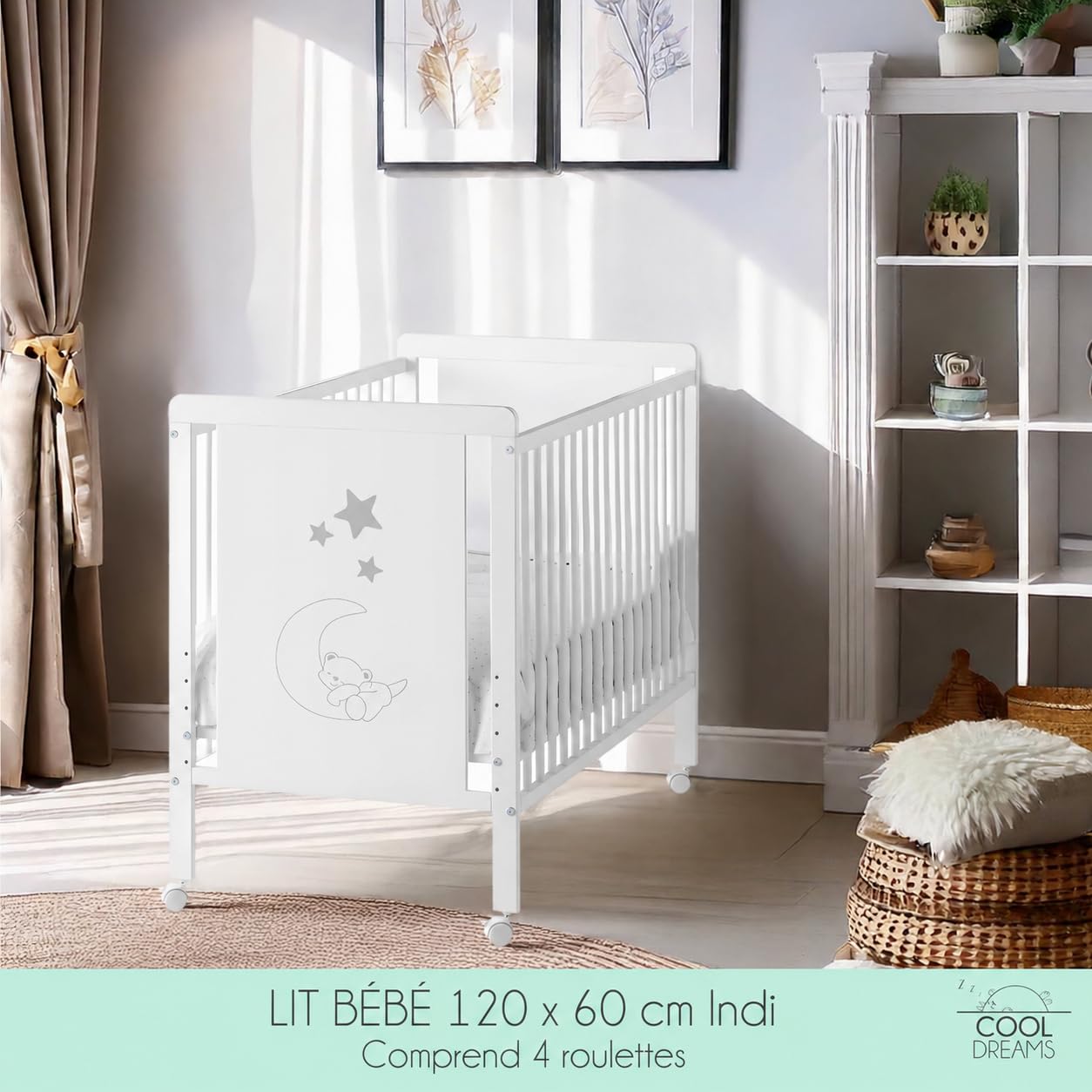 Lit bébé Indi avec Matelas Morfeo, Blanc et Bois de hêtre + protège-Matelas CoolDreams