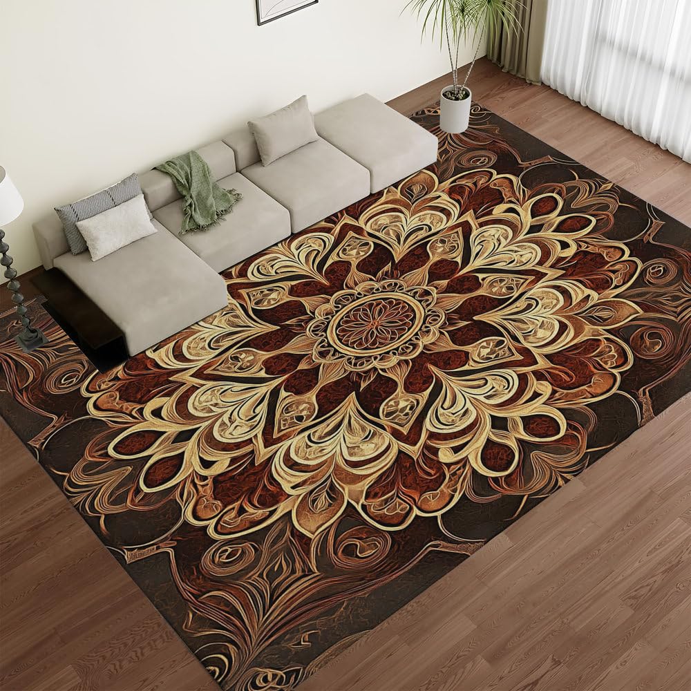 Paillasson de luxe à motifs floraux marron | Grand tapis d'entrée vintage pour salon chic