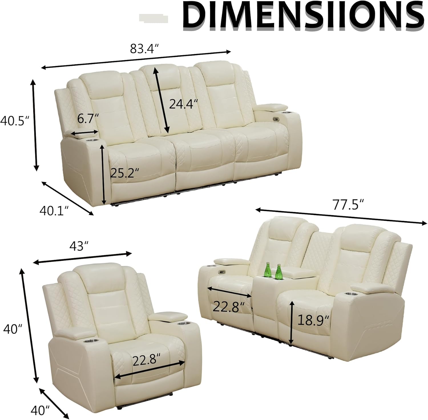 Power Recliner Sofa Set, Breathing Leather Sofa Set with Storage Console/Cup Holders/USB Ports, Leather Reclining Couch Set for Living Room (Creamy White, Chair)