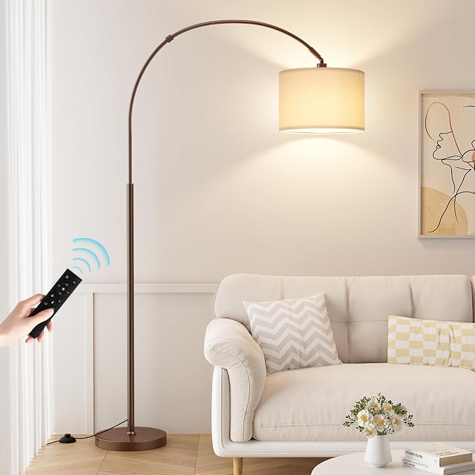 GOLD - Ambimall Dimmable Arc Floor Lamp with Remote, Color Temperatures and Brightness Adjustable, Arched Floor Lamp with Rotating Head, Over Couch Arched Reading Light for Living Room (Deep Beige and Gold)