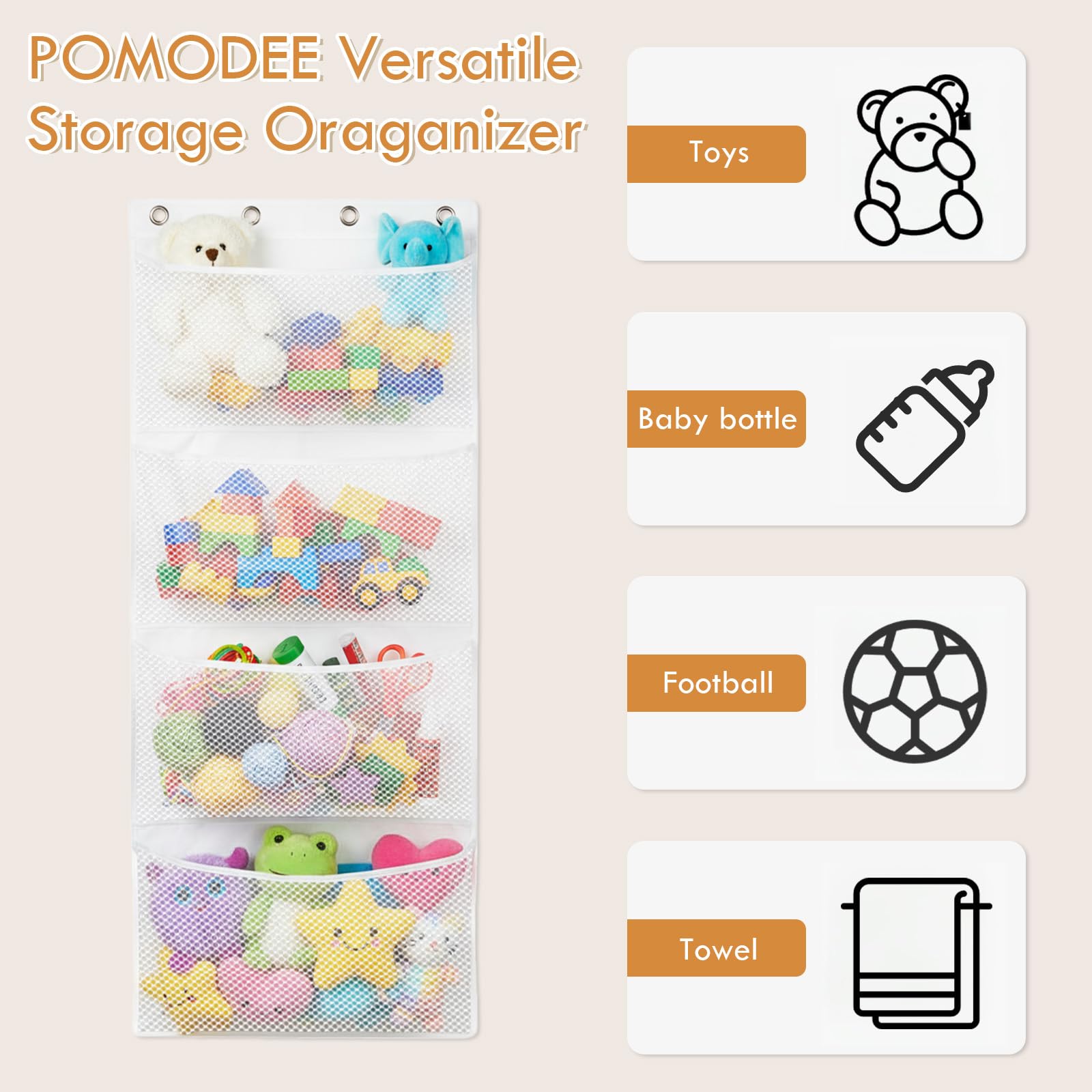 Organizzatore Salvaspazio per Animali di Peluche,Amaca a Rete con Gancio in Metallo–Grande Contenitore da Appendere alla Porta,Ideale per Camera dei Bambini,Camera da Letto,Asilo Nido (Bianco)
