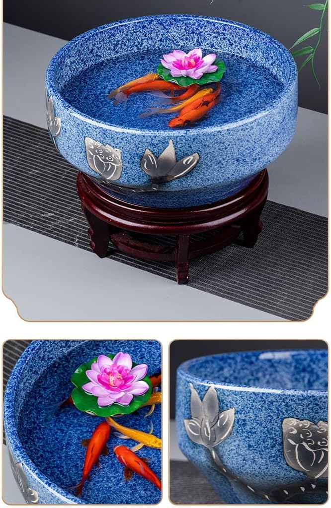 Fish Bowl Vase Chinese Style Ceramic Fish Bowl Desktop Fish Culture Fish Tank Living Room Balcony Blue and White Mountain River Tank Office Ornamental Fish Culture Tank Small Fish Tank Starter Kit ( C