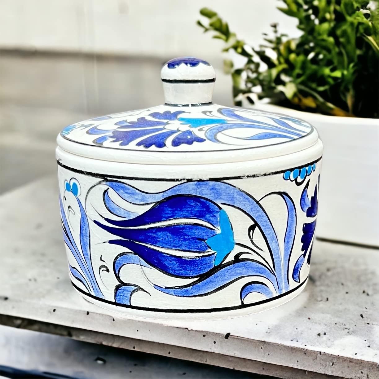 Turkish Sugar Bowl with Lid Blue Tulip, Sugar Jar, Ceramic Sugar Container, Hand Painted, 5 oz., Decoration Jar