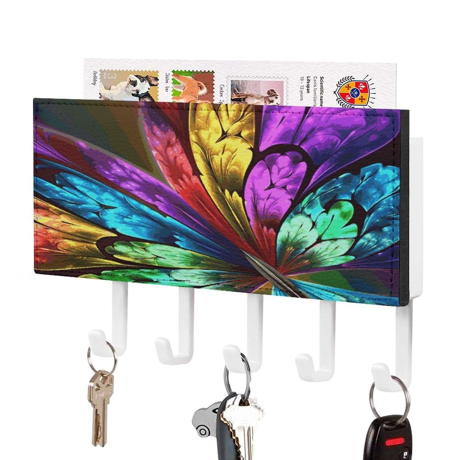 FekiLoot Rainbow Butterfly Key Holder for Wall Decorative Mail Organizer with 5 Key Hook Self Adhesive Key Rack with Tray Coat Rack Wall Mount Key Hanger Decor for Entryway Door
