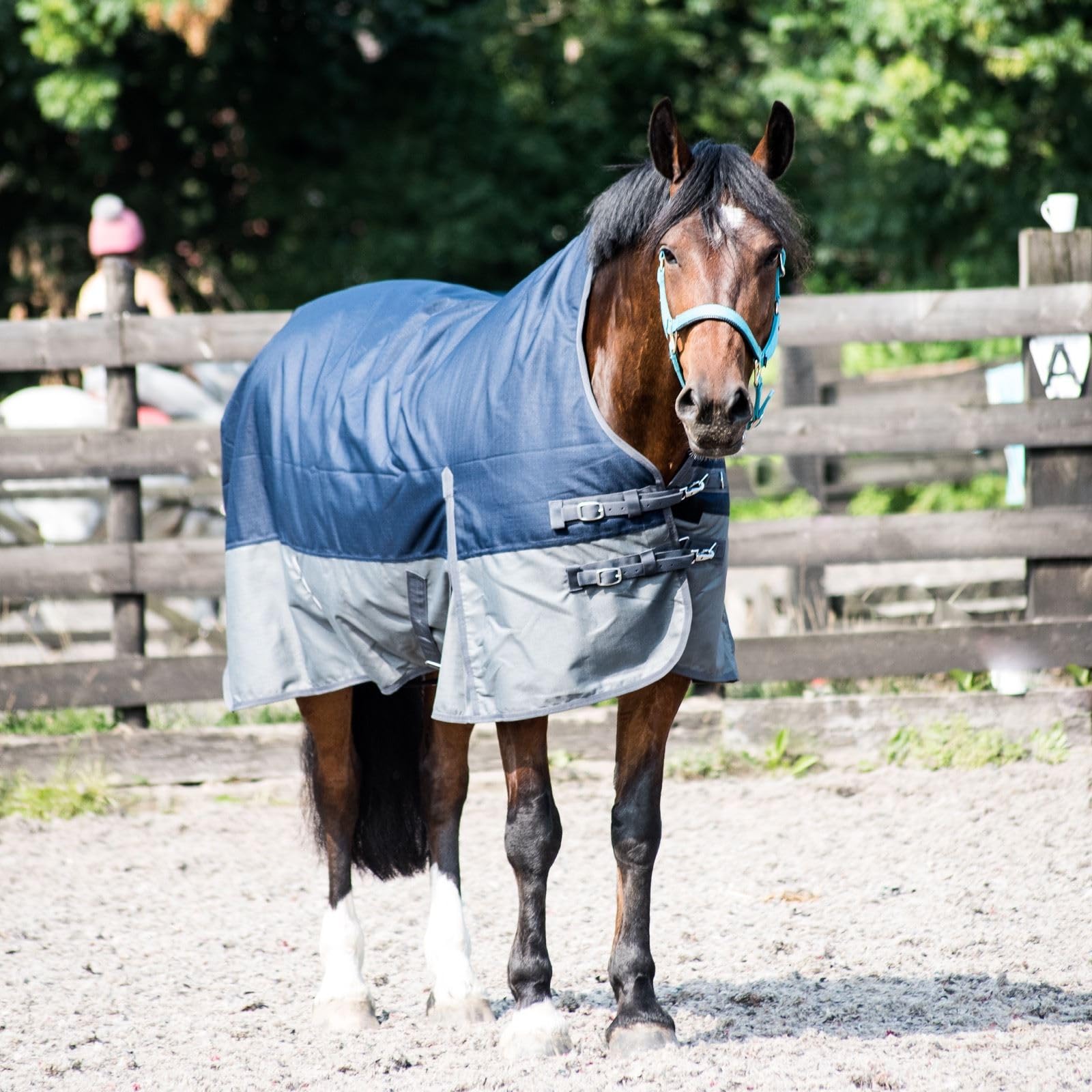 Equitack 600D Regendecke Pferd, 145cm | Highneck Pferdedecke mit Fleece Lining | wasserdichte Outdoordecke Pferd | Navy/Grau