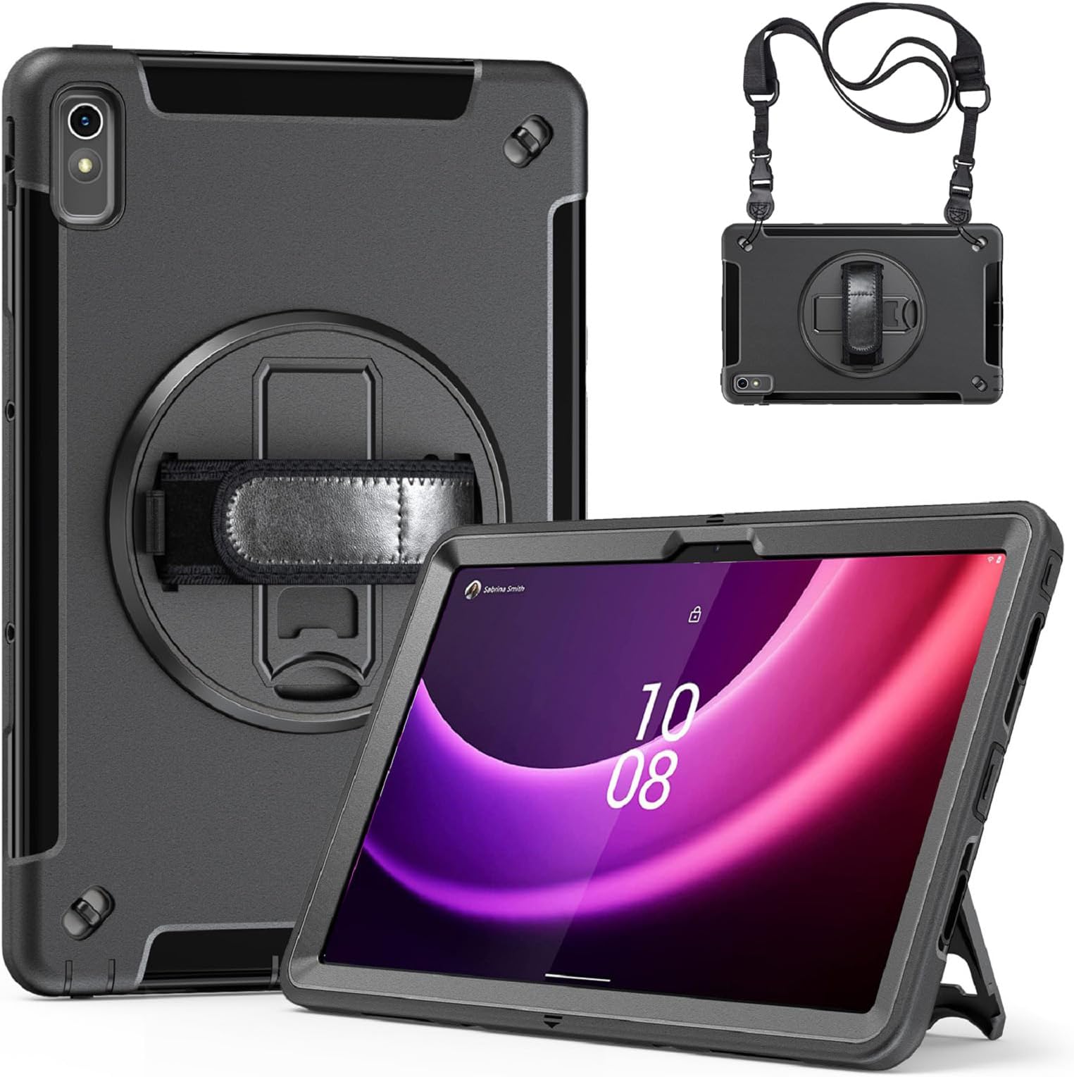Protective Case for Lenovo Tab P11 2nd Gen 11.5-inch 2023, Shockproof Rugged Lenovo P11 Gen2 Case TB350FU/TB350XU with 360°Rotating Kickstand/Hand Strap/Shoulder Strap-Black