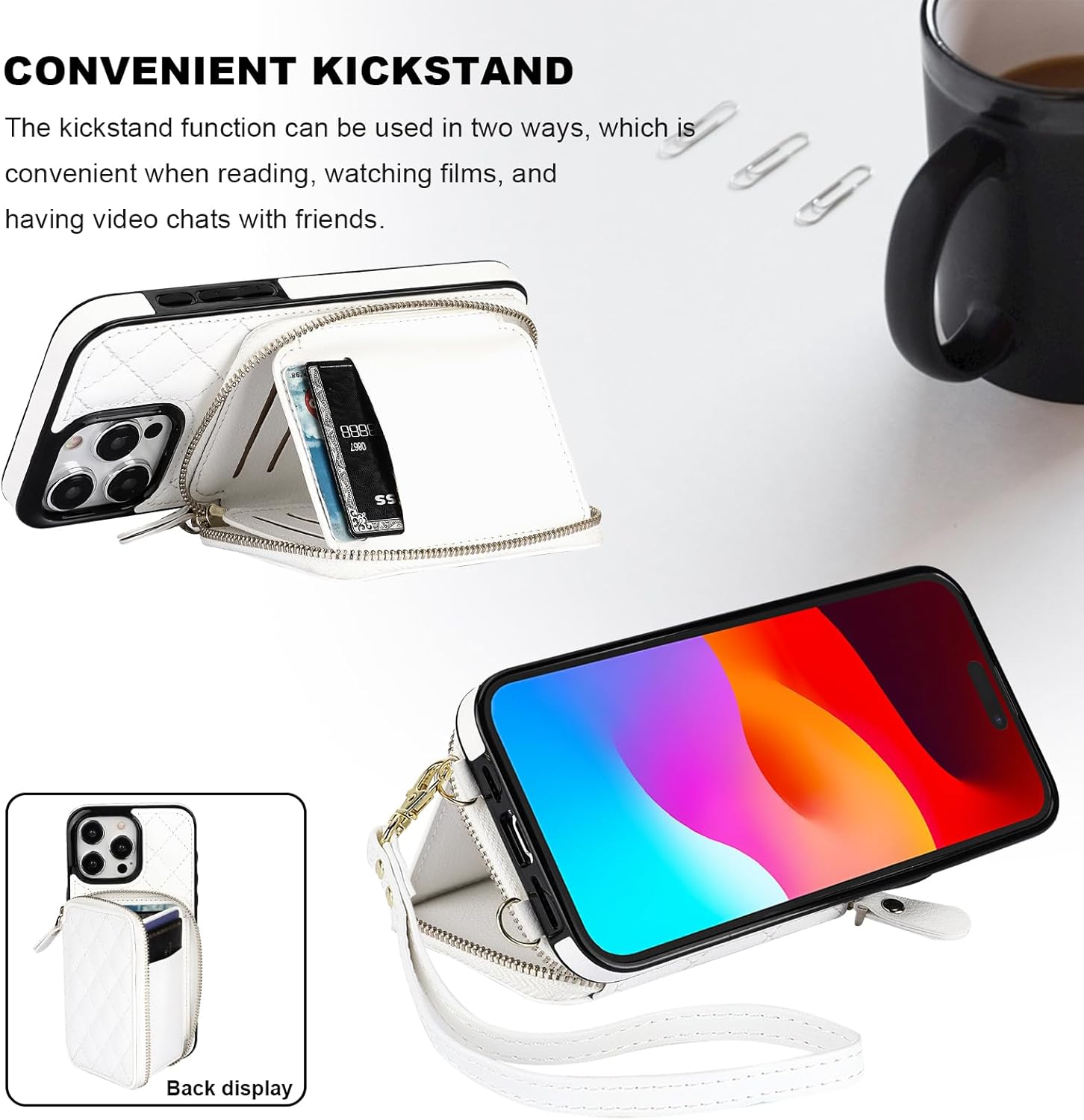 Bocasal Crossbody Wallet Case for iPhone 15 Pro Max, RFID Blocking PU Leather Zipper Handbag Purse Flip Cover, Kickstand Folio Case with Card Slots Holder Wrist Strap Lanyard 5G 6.7 Inch (White)