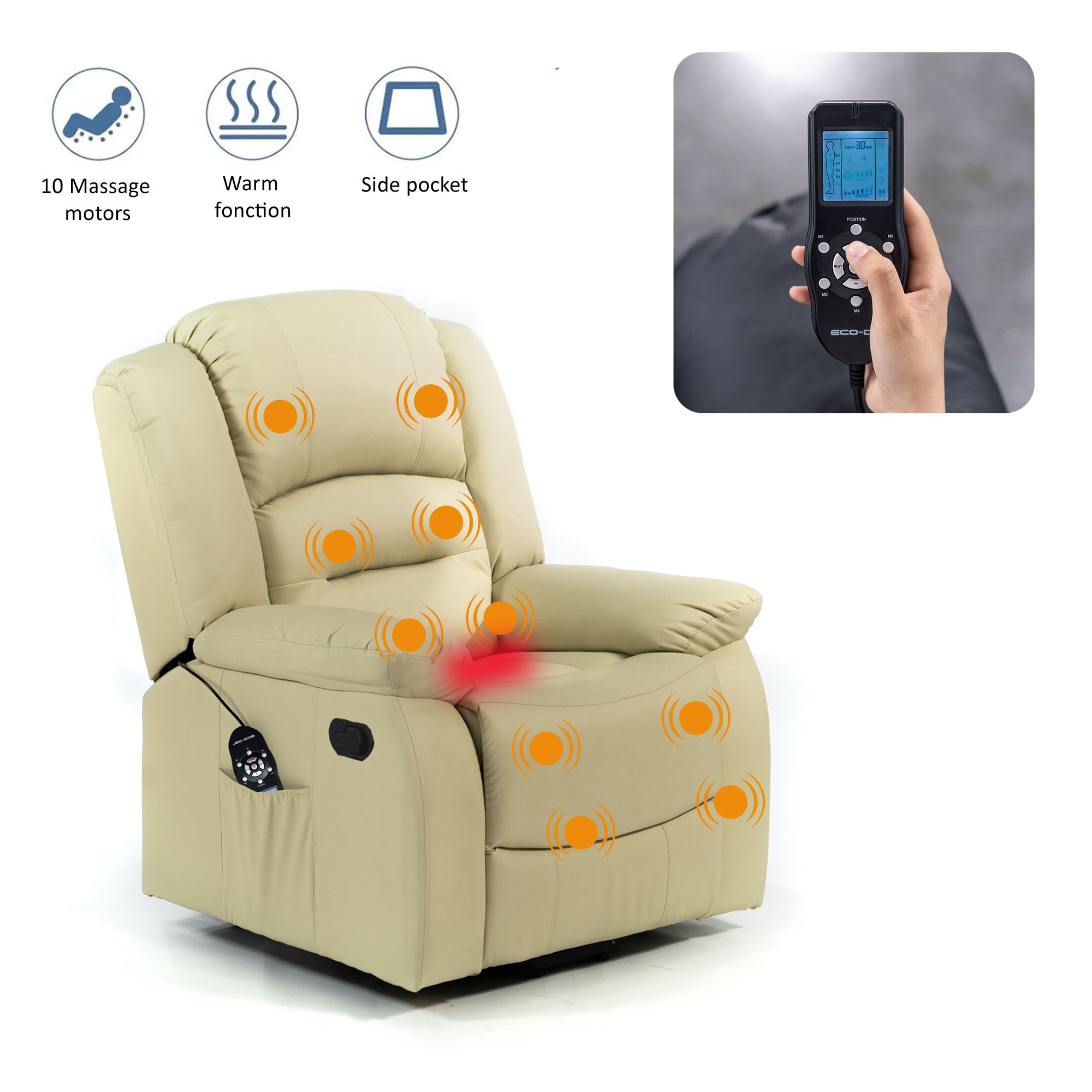 ECODE® Poltrona Relax Reclinabile Manuale Massaggiante e Riscaldante con Poggiapiedi – Offerta Poltrona-Letto Comoda Per Anziani da Interno Casa, Soggiorno, Salotto o Ufficio in Ecopelle Beige