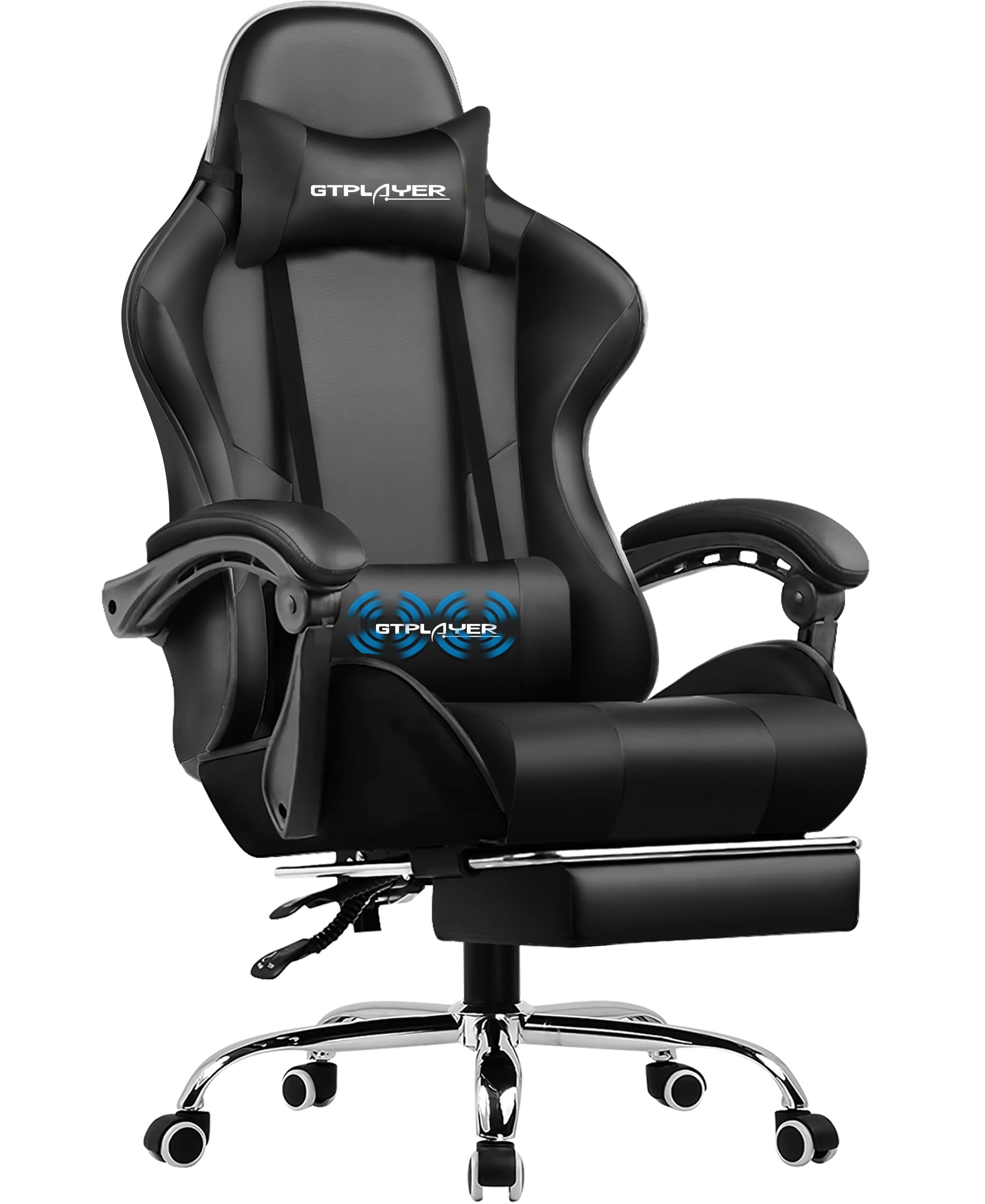 GTPLAYER Silla Gaming con Masajeador Ergonómica Silla Gamer con Reposapiés Reposacabeza, Silla de Oficina Ergonómica, Soporte Lumbar, Silla Juego Ajustable en Altura, Negro