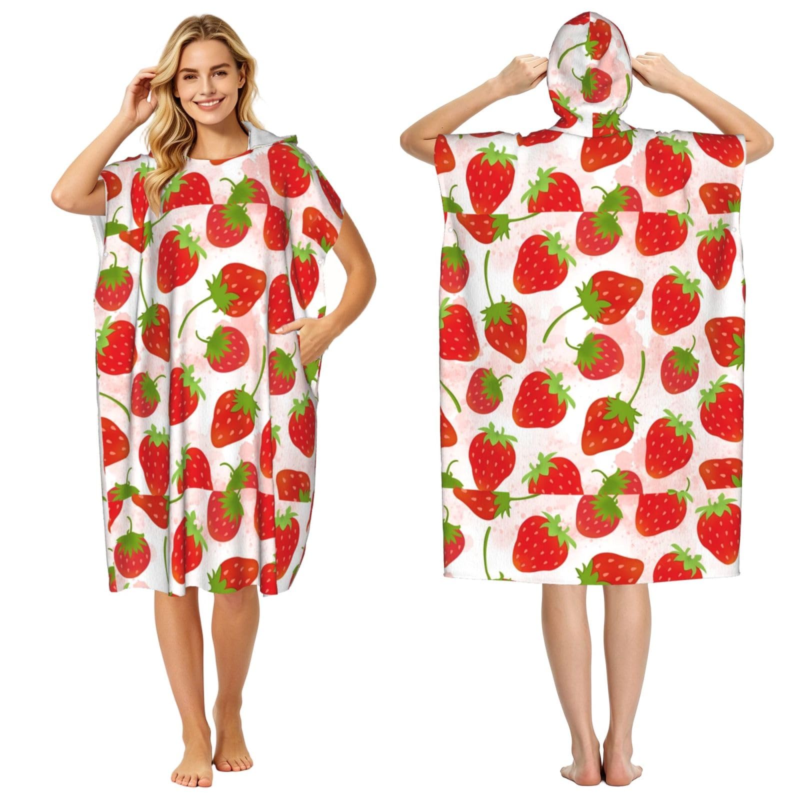 Poadnly Strawberry, Adult Hooded Beach Towel 90 x 110 cm,Changing Bath Robe, Surf Poncho Towel For Women Men