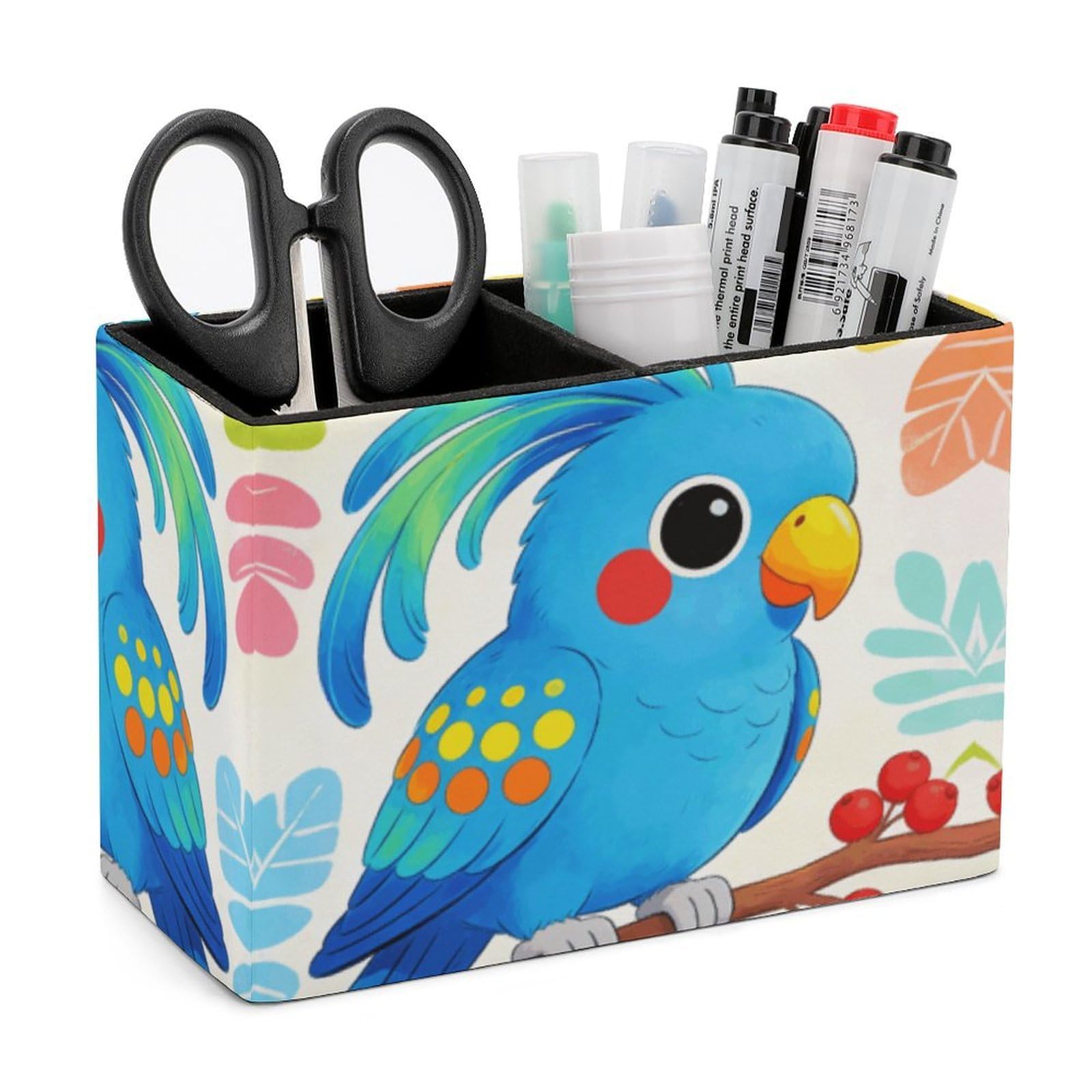 LZQPOEAS Exquisite Patterns PU Leather Pen Holder, Multifunctional Desktop Organizer Caddy with 2 Compartments, Macaw Pencil Cup Makeup Brush Holder for Office Home