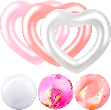 3 Pack Heart Inflatable Pool Floats Heart Shaped Swimming Pool and 3 Pack Inflatable Glitter Beach Ball for Water Fun Beach Party for Adults