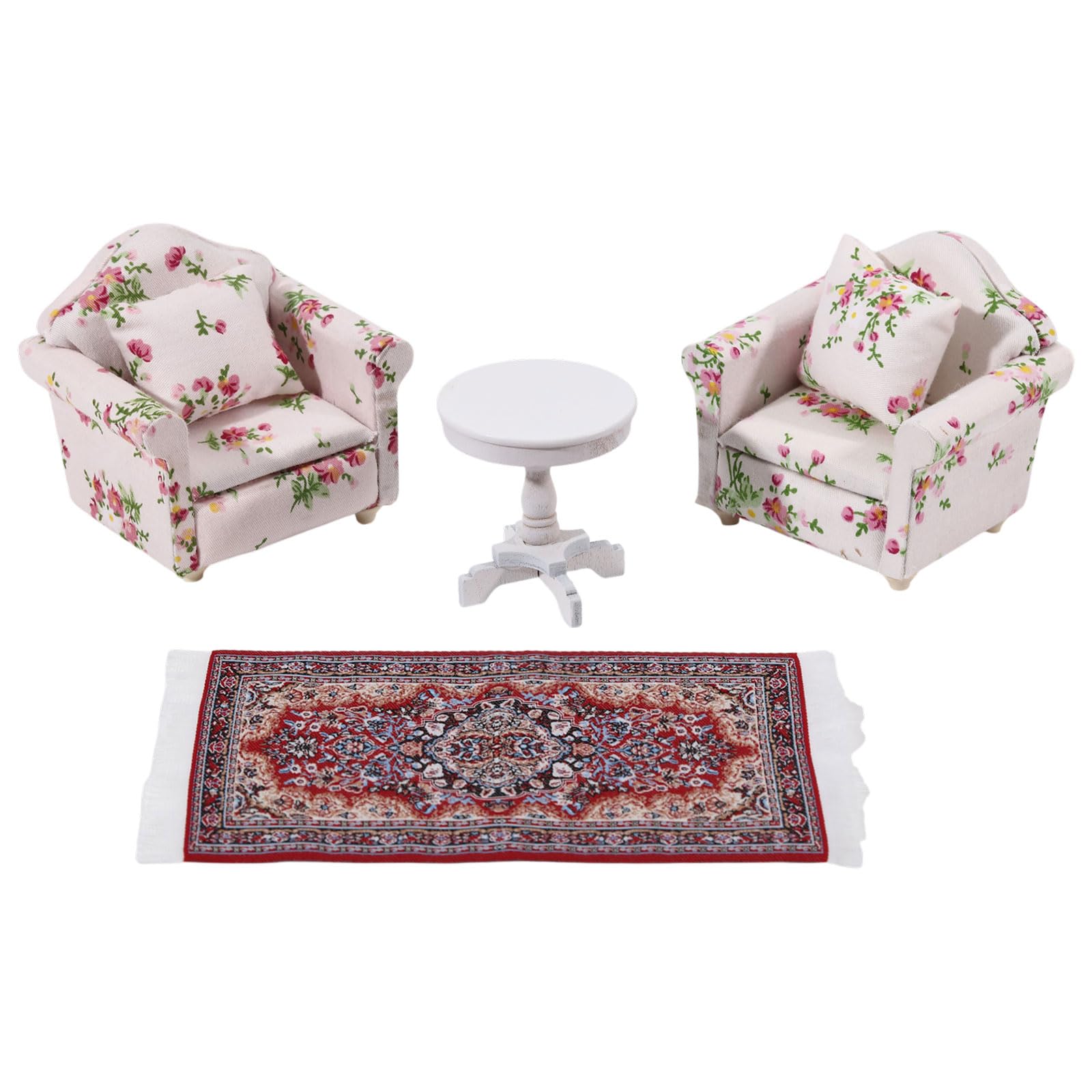 beinkmake Dollhouse Furniture Set 2 Mini Floral Sofas, 1 Round Table, 1 Vintage Rug, Miniature Living Room Accessories for Dollhouse Decoration