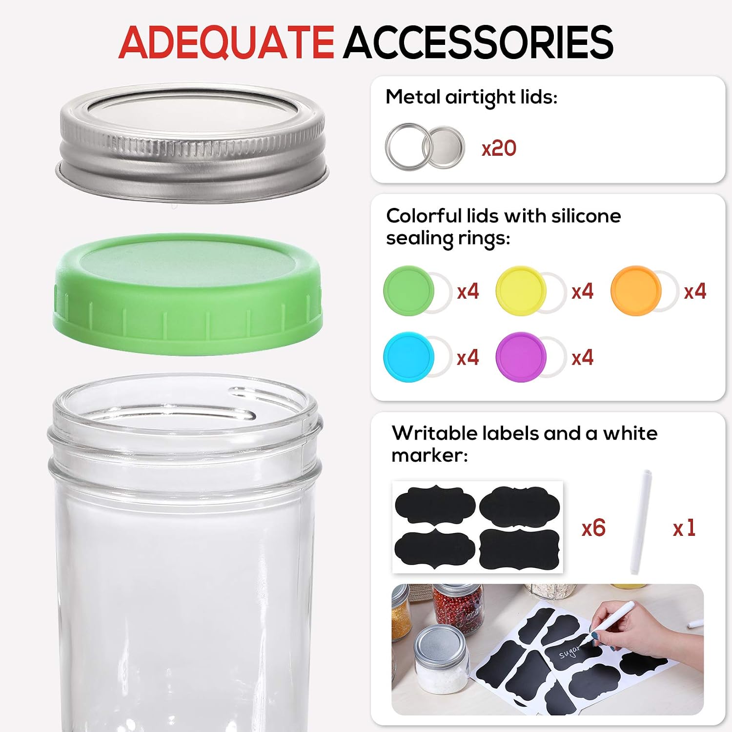 20 Pcs Mason Jars 8 Oz, Regular Mouth Canning Jars with Airtight Lids and Bands, Colored Plastic Lids, Blank Labels, Chalk Marker, Leak-Proof Lids for Food Storage, Canning, Favors, Decorating Jar