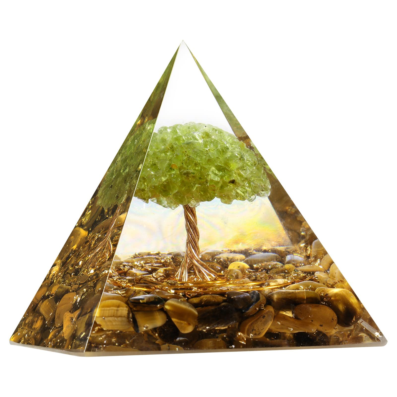 Orgone Tiger’s Eye Crystal Pyramid with Peridot Tree of Life, Tumbled Stones and Copper Wire Energy Generator for Reiki Healing Chakra Balancing Meditation Home Decoration