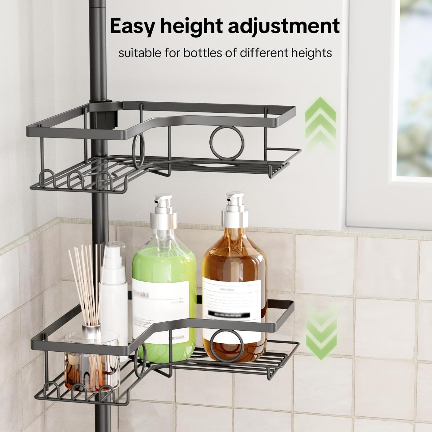 Corner Shower Caddy Tension Pole, 4 Tier Rustproof Shower Tension Rod Organizer with Soap Holder & Hooks, Adjustable 30-121 Inch Bathroom Shelf for Renters - Family Stand Storage Rack, Black