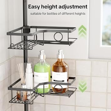 Corner Shower Caddy Tension Pole, 4 Tier Rustproof Shower Tension Rod Organizer with Soap Holder & Hooks, Adjustable 30-121 Inch Bathroom Shelf for Renters - Family Stand Storage Rack, Black