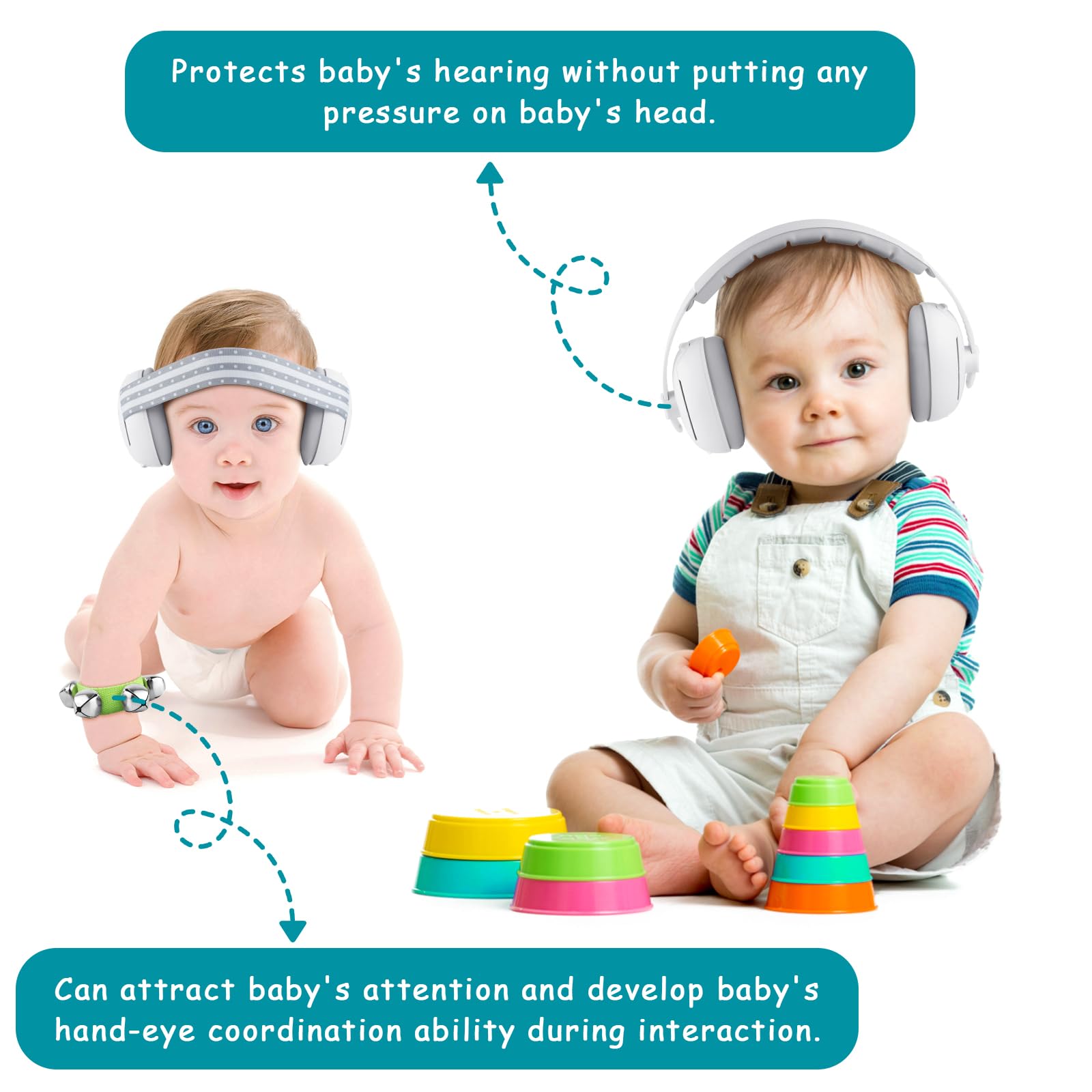 2 in 1 Cuffie Neonato Antirumore Neonati Bambini 0-4 anni Insonorizzate Rumore Aereo Concerto Bambina Protettori Acustici Protezione Udito Acustica Cuffia Morbida Baby Earmuffs + Campanelle da Polso