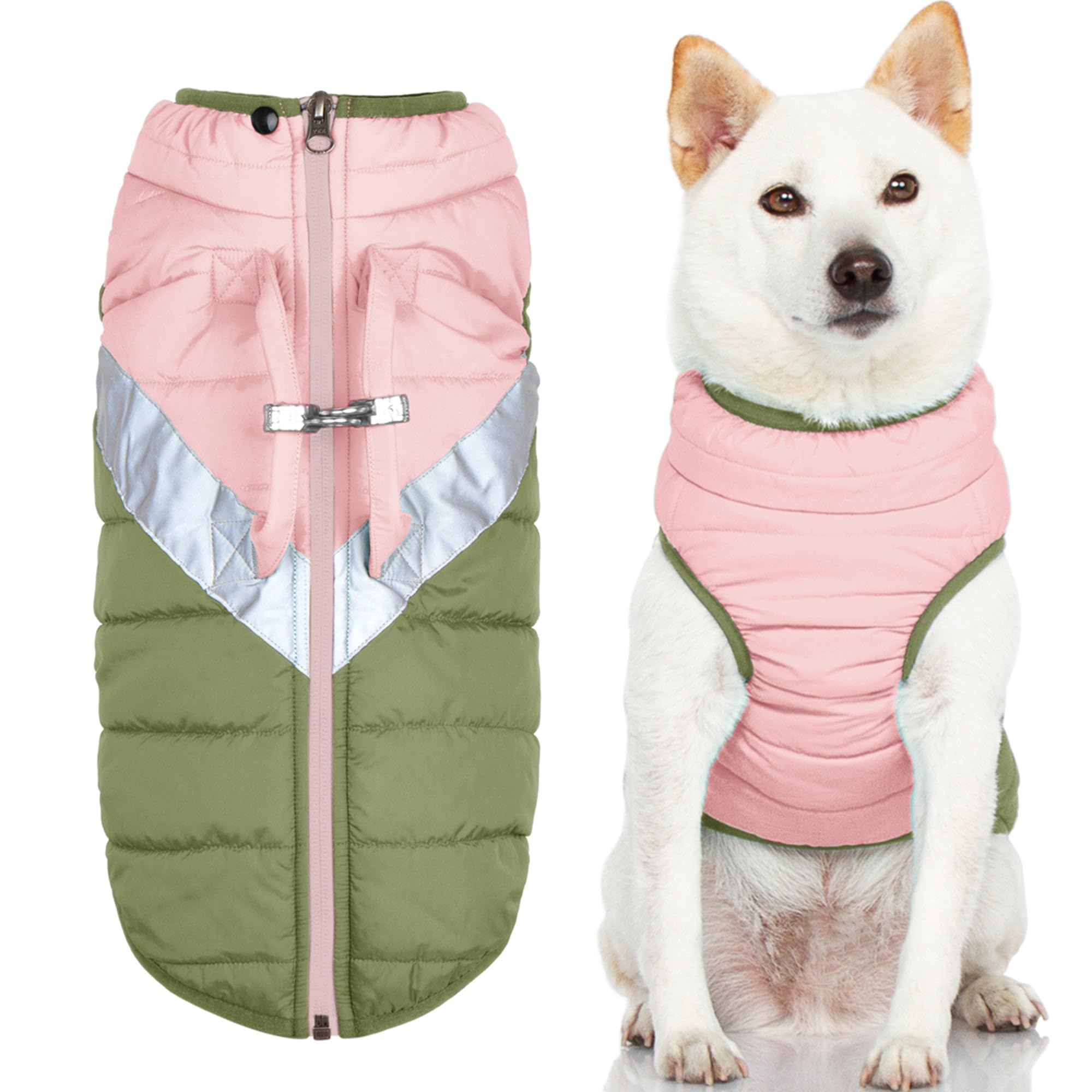 Gooby Mountaineer Dog Jacket - Peach, Medium - Warm Zip Up Coat with Lift Handle and Dual O Ring Leash - Winter Water Resistant Small Dog Sweater
