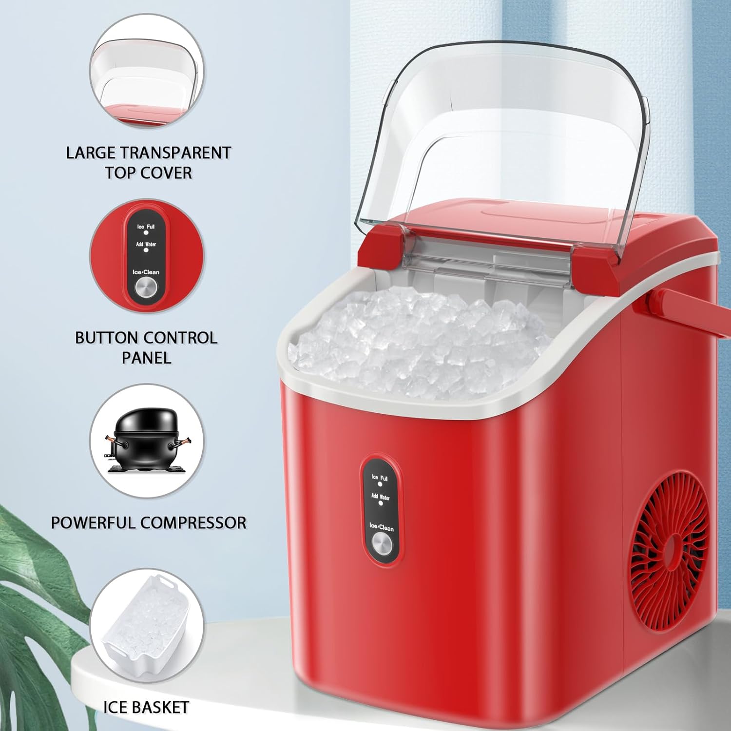Nugget Countertop Ice Maker with Chewable Pellet Ice, Portable Ice Machine Pebble Ice with Self-Cleaning, 34Lbs/24H, One Button Operation, for Kitchen, Home Red