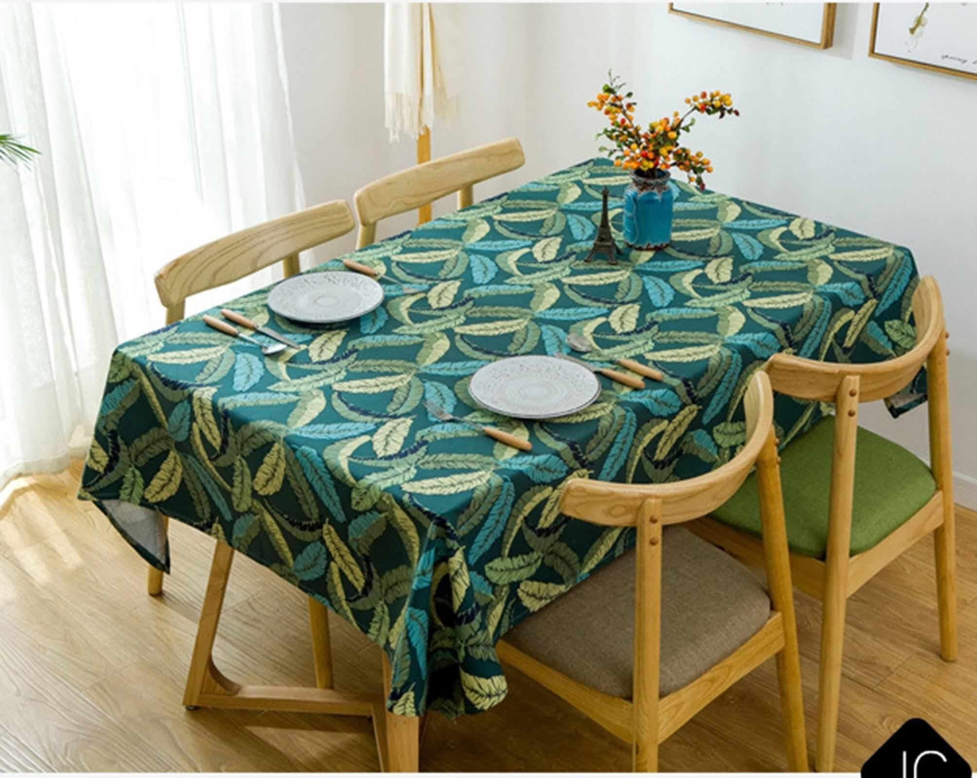 Mantel de cocina de algodón rectangular, mantel de mesa verde estampado con plumas decorativas, 140 x 160 cm, para cumpleaños, fiestas y bodas