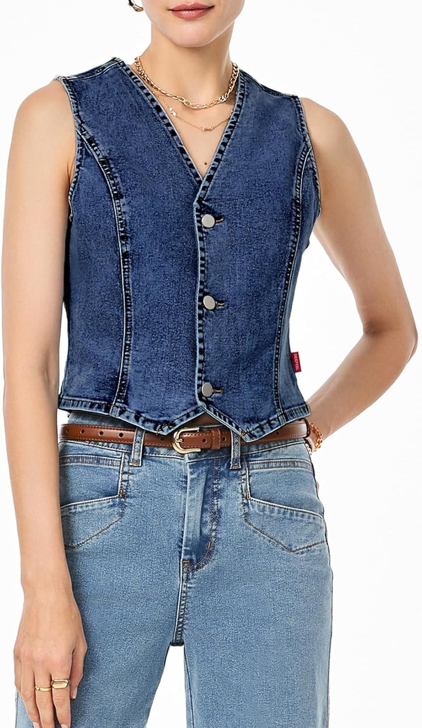 Sidefeel Women's Denim Vest Sleeveless V Neck Zimbaplatinum Jean Vest Top Button Down Crop Waistcoat Vest Summer Outfit - Image 4