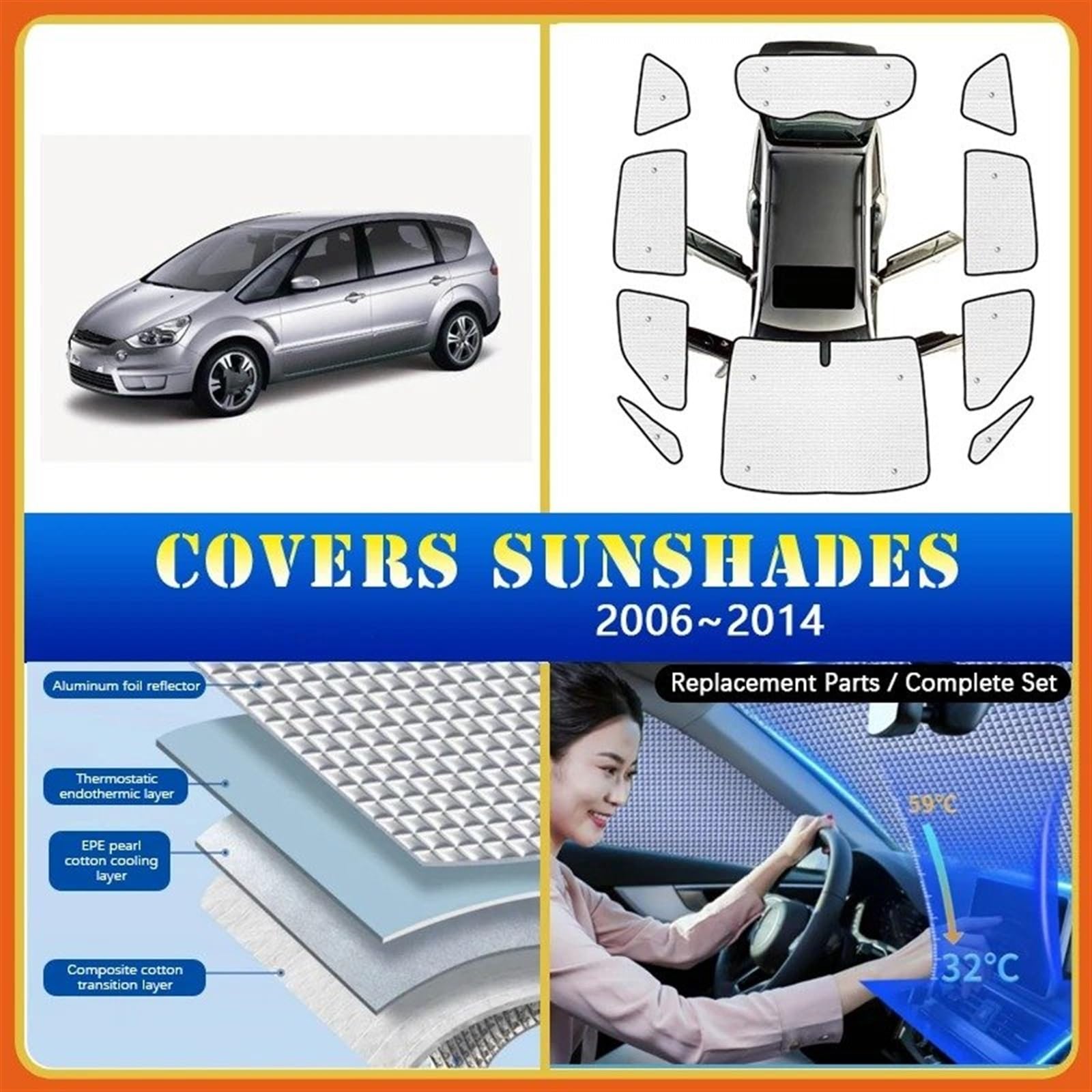 para Ford para S-MAX MK1 2006~2014 Parasol Protector Solar Parasoles Cubiertas Accesorios Cobertura Total Auto Coche Delantero(Rear sunshades)