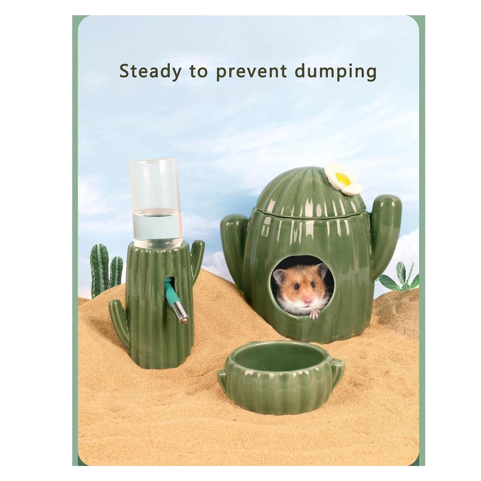 Casa in ceramica a forma di cactus, ciotola per cibo, bottiglia d'acqua, supporto per criceti siriani, gerbilli, piccoli animali domestici, habitat per piccoli animali, accessori per criceti (3 pezzi)