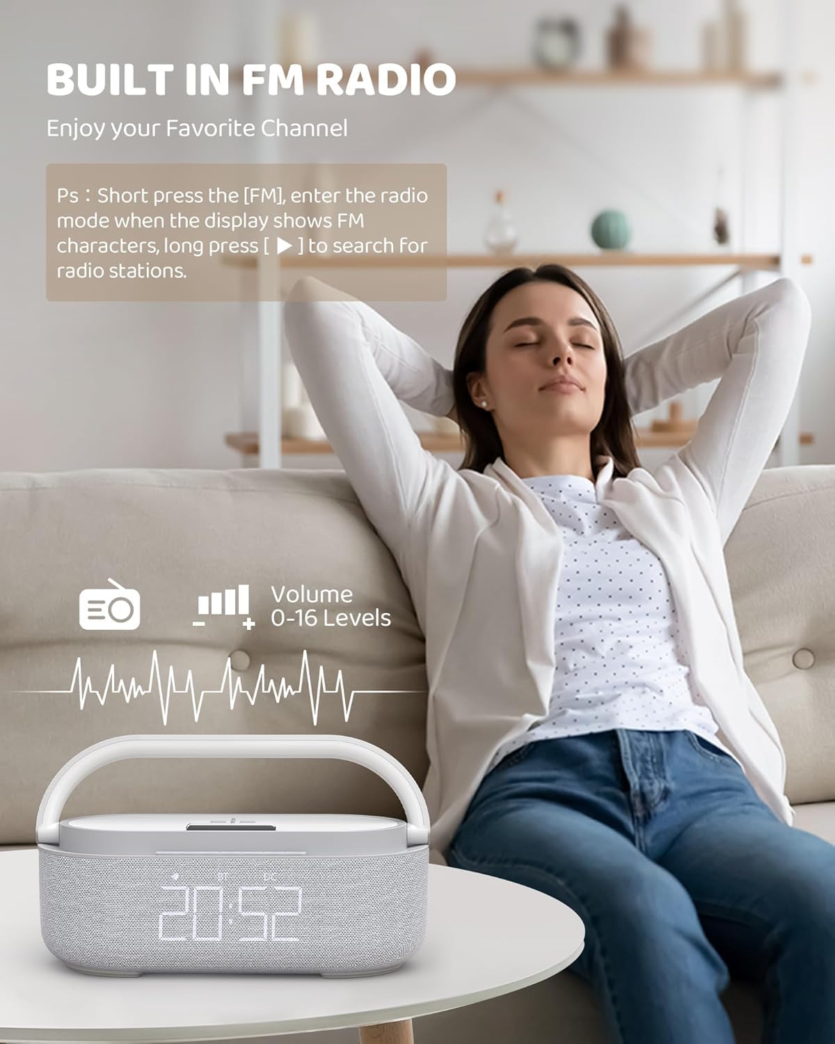 Reloj despertador de radio digital, altavoz Bluetooth, reloj despertador al lado de la cama, carga inalámbrica de 15 W, reloj despertador para dormir pesado, luz nocturna, radio FM, altavoces duales,