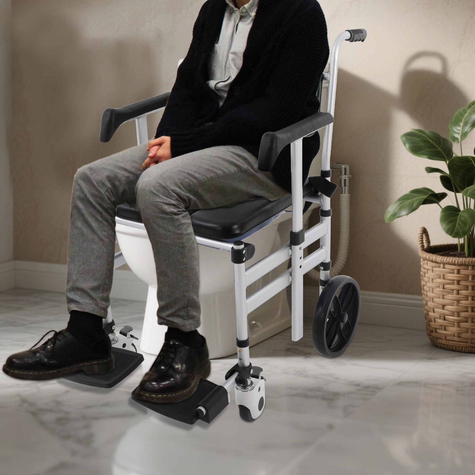 Silla de baño móvil 3 en 1 para personas mayores, asiento en U, silla de ducha con ruedas y cinturón de seguridad, soporta hasta 150 kg, altura ajustable, silla de ruedas para baño o ducha, para
