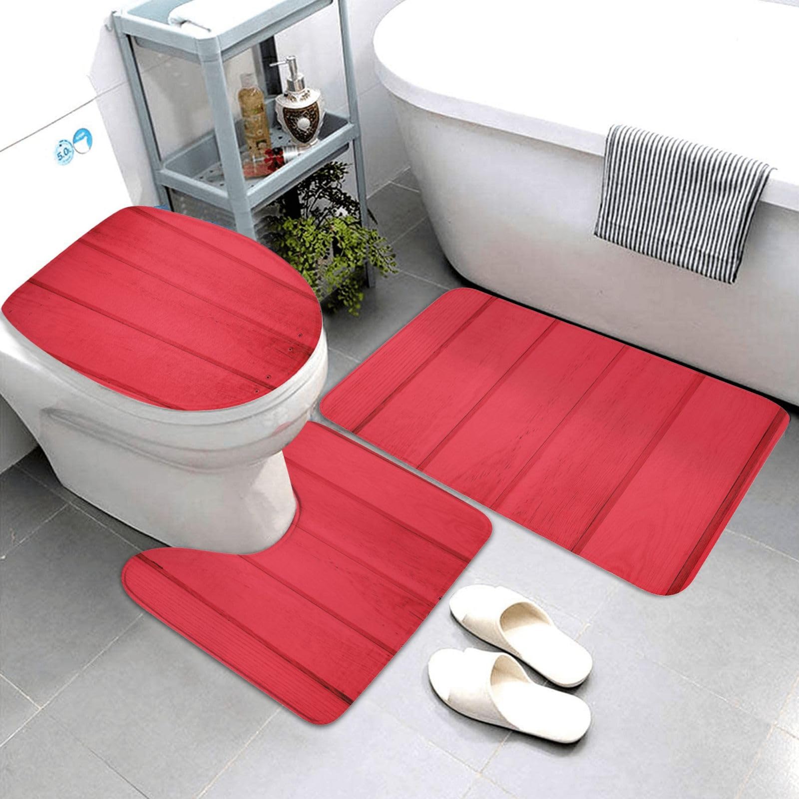Tapis de salle de bain rouge grain de bois lot de 3 avec contour U