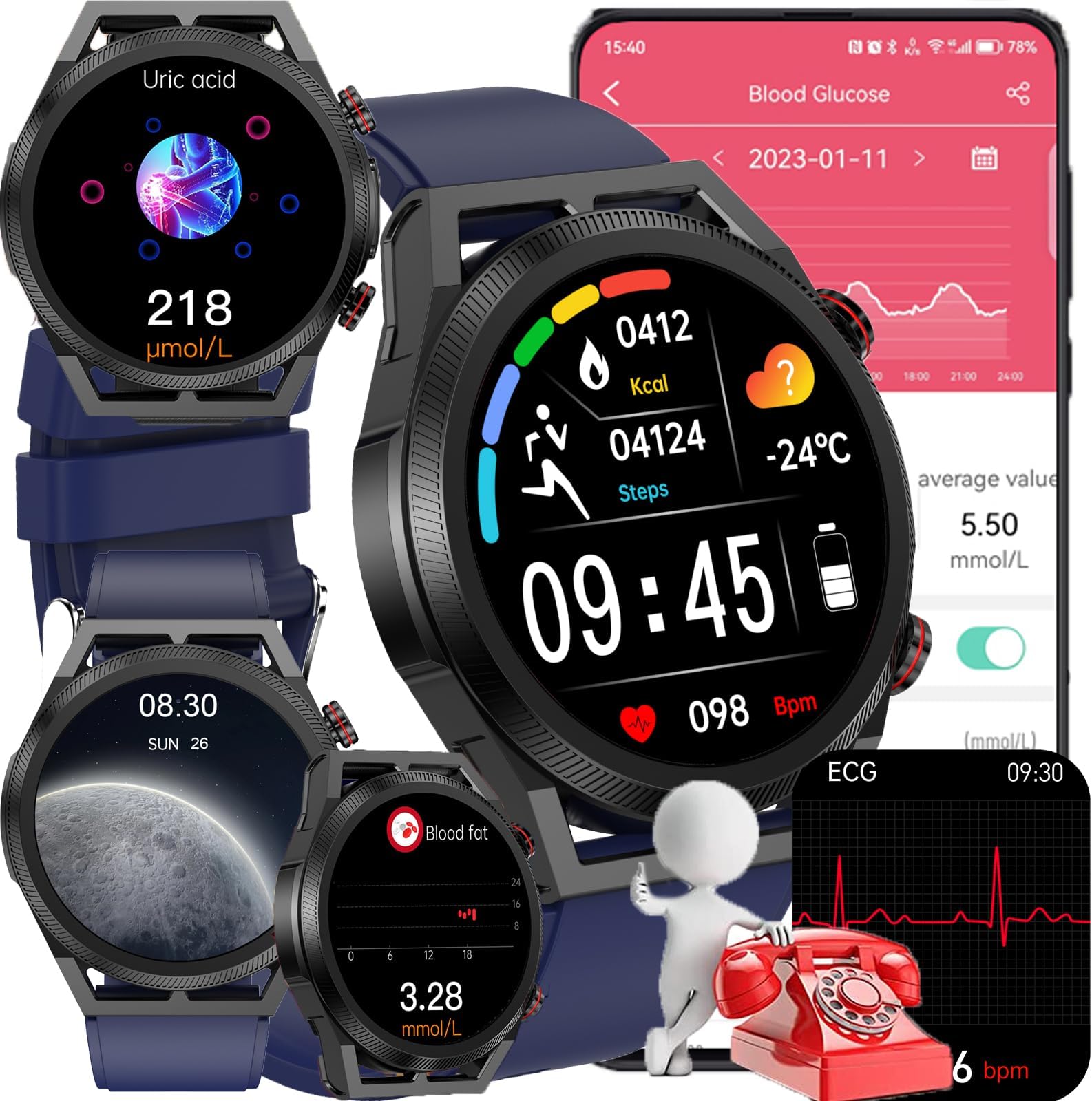 Blood Glucose Smart Watch, ECG HRV Fitness Tracker with Heart Rate Blood Pressure Uric Acid Measurement, Blood Lipid Monitoring, 20 Sports Modes, Text & Call, for Men & Women,Blue