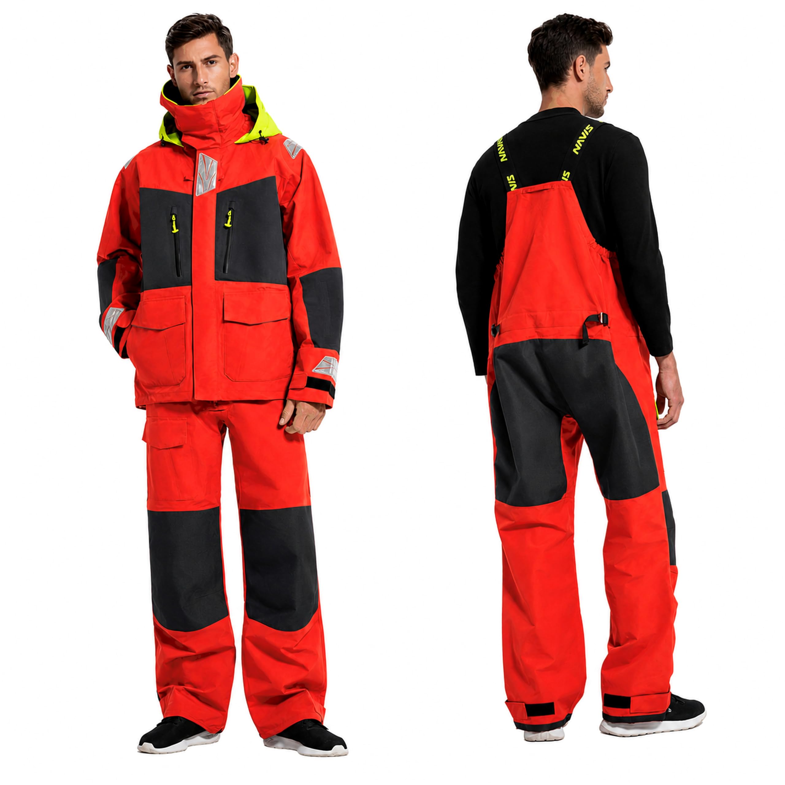 Herren Offshore Segelanzug 3-Lagen Wasserdicht Atmungsaktiv - Profi Segeljacke mit Neon-Kapuze & Reflektoren + Verstärkte Latzhose NS-547