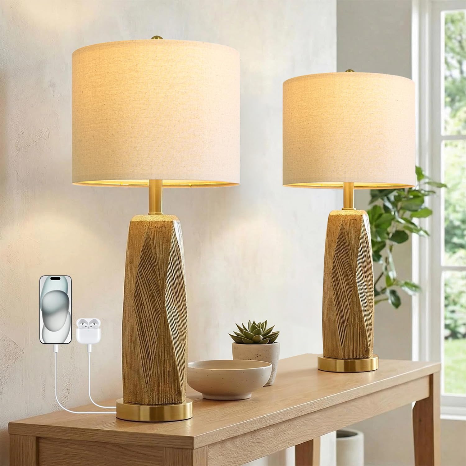 BOBOMOMO 27.5" Gold Table Lamps Set of 2 with USB-A & USB-C Charging Ports, Textured Resin Bedside Lamps with Linen Shade & Rotary Switch, Tall Nightstand Lamps for Bedroom, Living Room Office