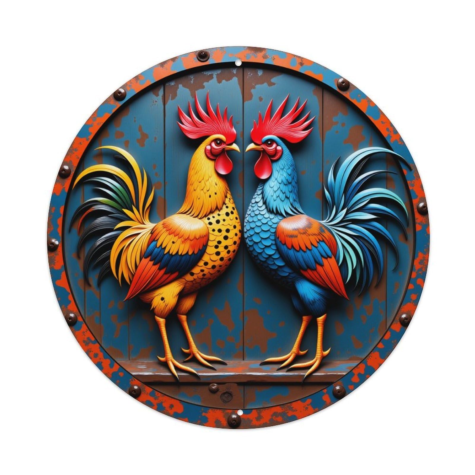 Colorful Roosters On Rustic Door Vintage Metal Tin Sign Retro Wall Decor for Home Bar Garage Cafe, Indoor & Outdoor Decorative，circle Metal Poster, 8x8 Inch